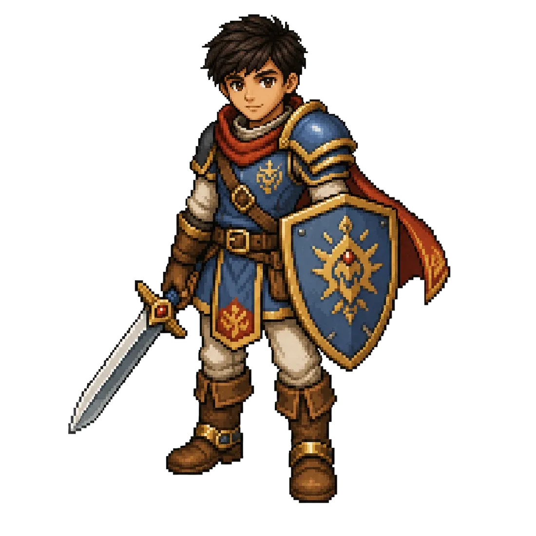 Primer concepto de Leo, de proporciones achaparradas, con capa roja al vuelo, escudo azul y dorado con emblema, y espada corta