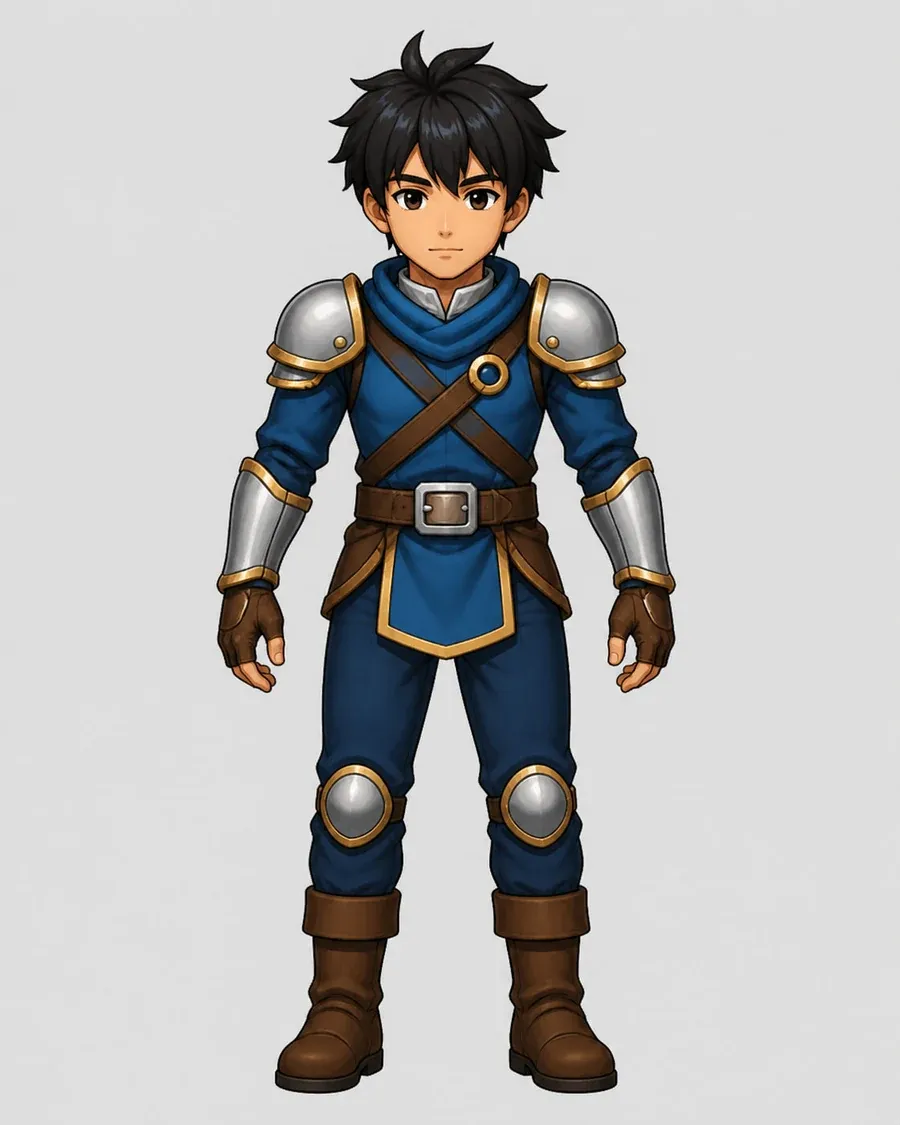Diseño final de Leo sobre fondo claro: rostro anime, pelo negro en puntas, túnica azul con hombreras de acero y filo dorado, correas cruzadas, rodilleras y botas marrones