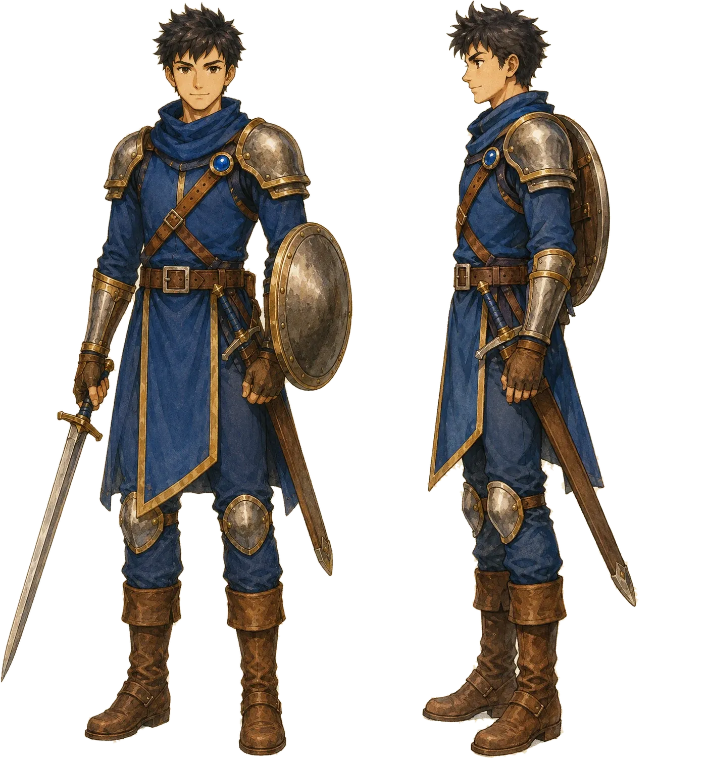 Leo de frente y de perfil en el arte de la pantalla de selección: túnica azul con filo dorado, hombreras de acero, espada corta y escudo redondo
