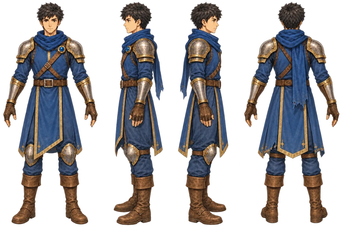 Segunda hoja de turnaround de Leo, sin armas, pero con la cola de la bufanda cayendo hasta la cadera y el tabardo cubriendo las rodilleras