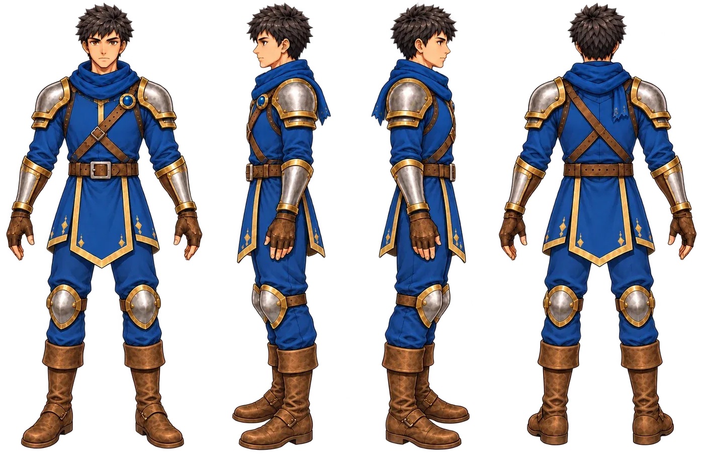 Tercera hoja de turnaround de Leo: cuatro vistas limpias, sin armas, con el tabardo por encima de las rodilleras y el pelo en mechones