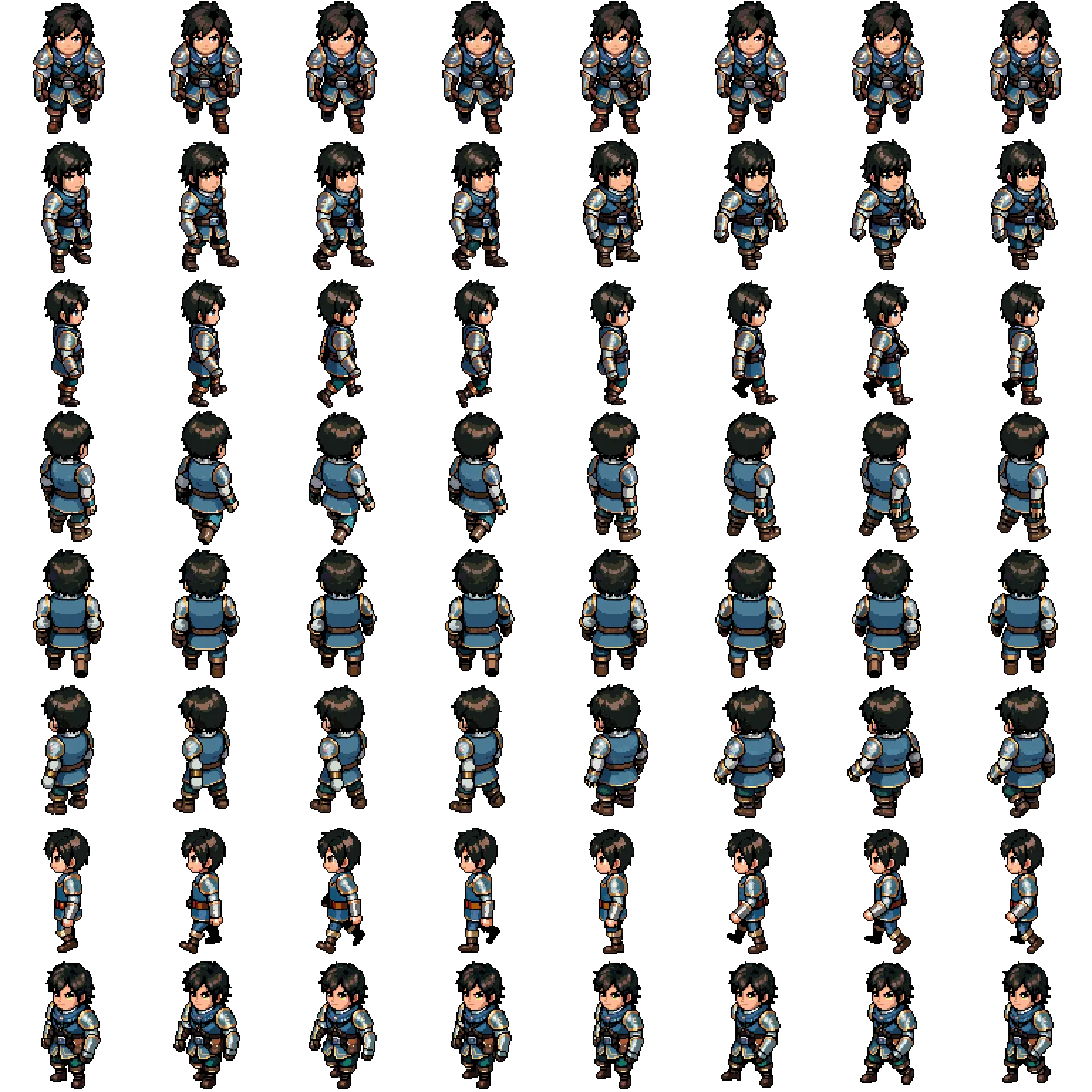 Hoja de sprites de Leo caminando en ocho direcciones, ampliada para que se vean los píxeles