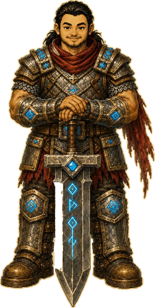 Barry de cuerpo entero: dwarf con armadura pesada de placas y runas azules, bufanda roja, apoyado en un mandoble clavado en el suelo
