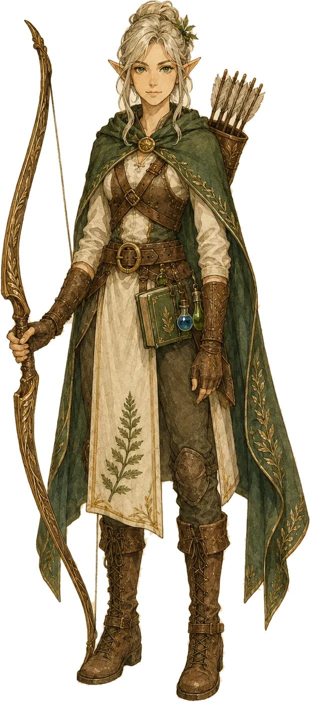 Irene de cuerpo entero: arquera elfa con capa verde, carcaj a la espalda, arco largo de madera clara y túnica color hueso