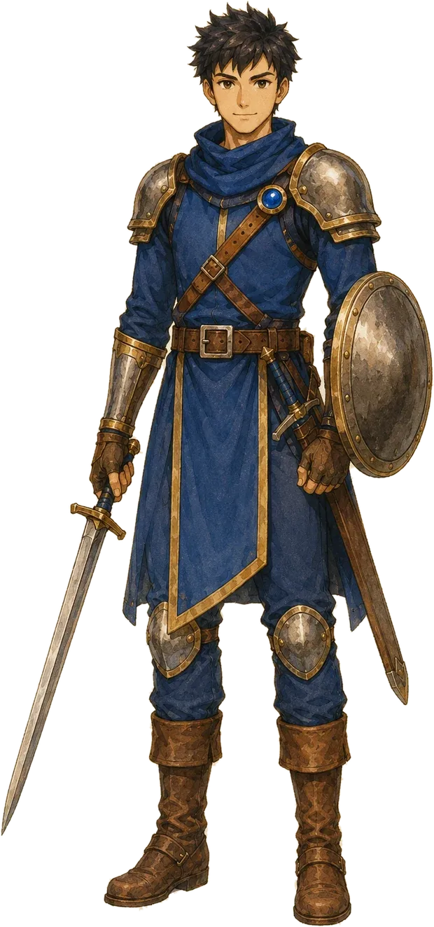 Leo de cuerpo entero: túnica azul con filo dorado, hombreras de acero, correas cruzadas de cuero, espada corta en la mano derecha y escudo redondo en la izquierda