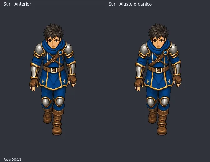Ciclo de caminar de Leo hacia el sur, antes y después del ajuste orgánico, en pixel art de doce fases